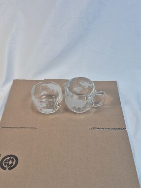Nestle Glass Creamer and Sugar Bowl(no lid) Set with World Map Etching